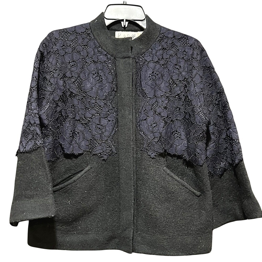 Anthropologie Field Flower Wool Lace Jacket XS Black Blue 3/4 Bell Sleeve Boho